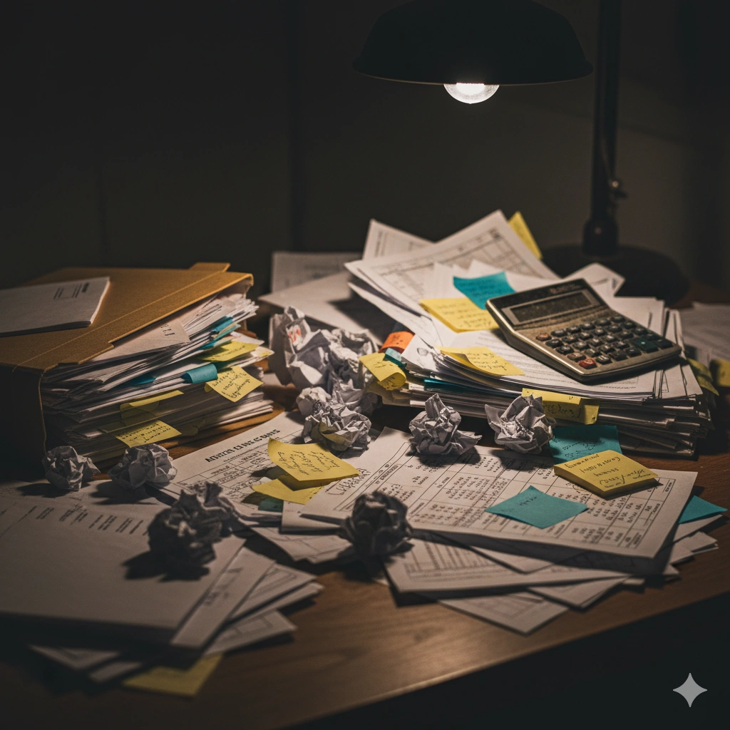 A messy desk cluttered with crumpled paper invoices, handwritten estimates, a calculator, and a tangled phone charging cable, symbolizing old-school contractor workflow stress.