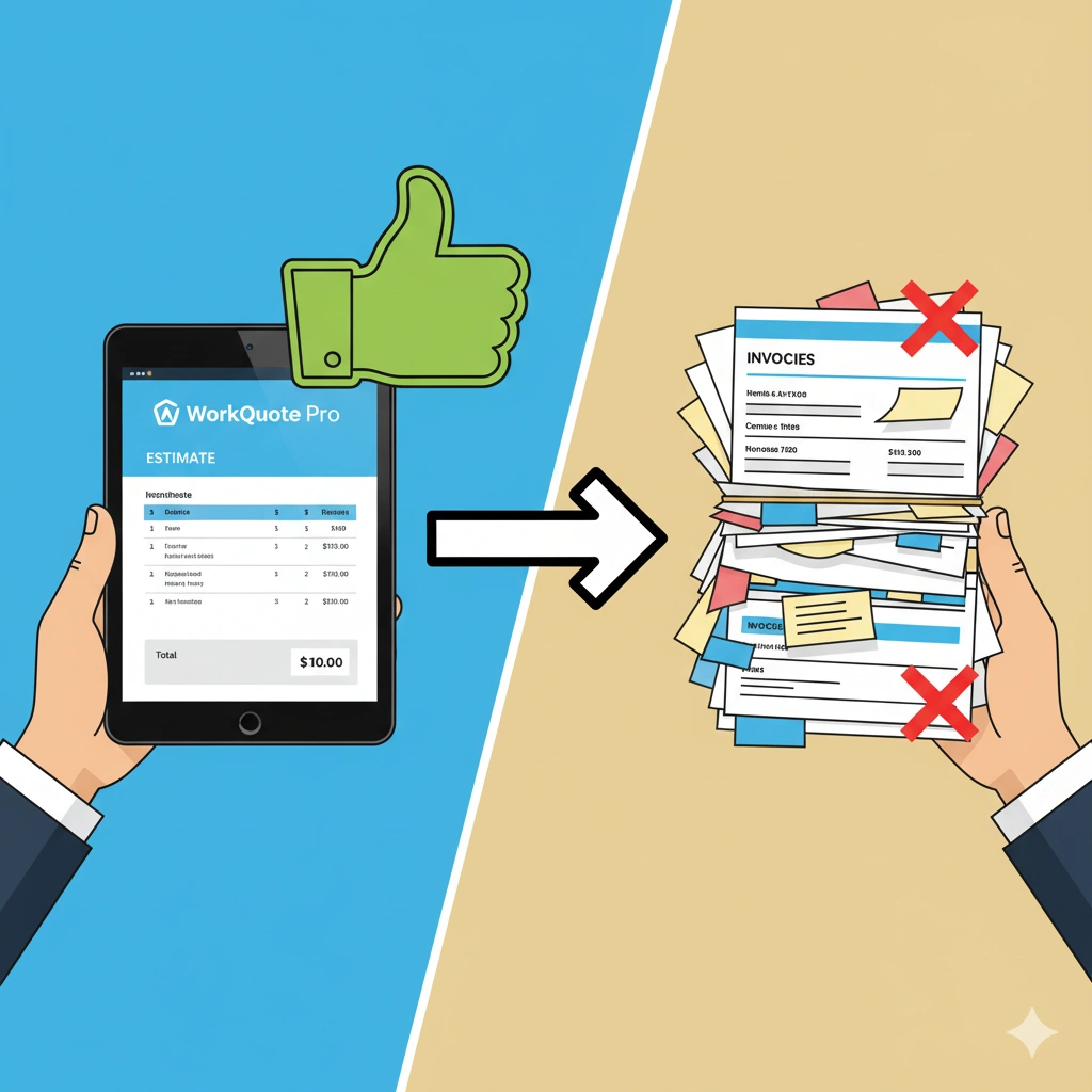 A split image showing one side with a hand holding a digital tablet displaying a clean, professional estimate, and the other side showing a stack of carbon-copy paper forms.