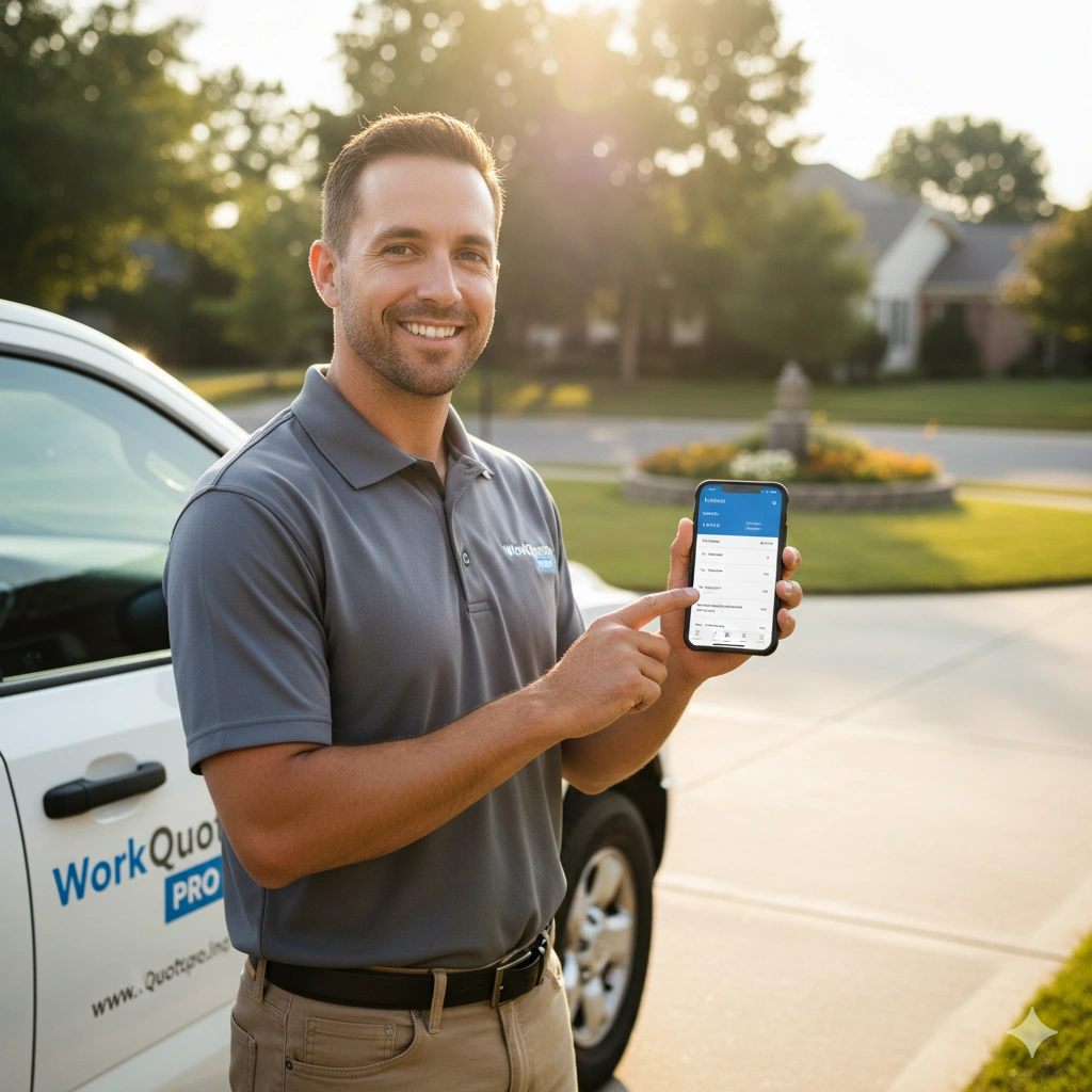 A service business owner (e.g., a landscaper or handyman) smiling while quickly sending an invoice via a mobile phone app from the back of their clean work truck.